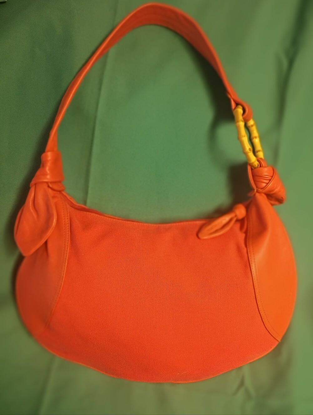 ❤️LANCEL PARIS XL CORAL Canvas Leather Bamboo Ring Half Moon Shoulder Bag Purse